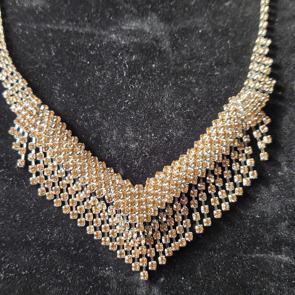 Sparkling Champagne Colored Rhinestone Collar/Bib Necklace in Silver Tone - Picture 4 of 15